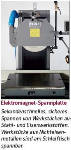 Elektromagnet-Spannplatte: Sekundenschnelles, sicheres, Spannen von Werkstücken aus Stahl- und Eisenwerkstoffen. Werkstücke aus Nichteisenmetallen sind am Schleiftisch spannbar.
